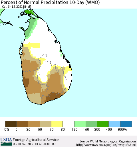 Sri Lanka Percent of Normal Precipitation 10-Day (WMO) Thematic Map For 10/6/2021 - 10/15/2021