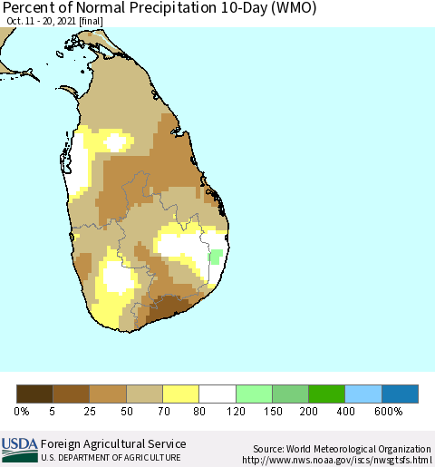 Sri Lanka Percent of Normal Precipitation 10-Day (WMO) Thematic Map For 10/11/2021 - 10/20/2021
