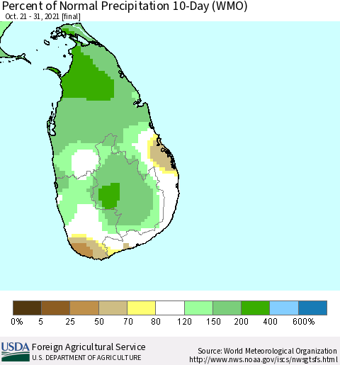 Sri Lanka Percent of Normal Precipitation 10-Day (WMO) Thematic Map For 10/21/2021 - 10/31/2021