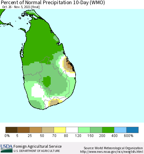 Sri Lanka Percent of Normal Precipitation 10-Day (WMO) Thematic Map For 10/26/2021 - 11/5/2021
