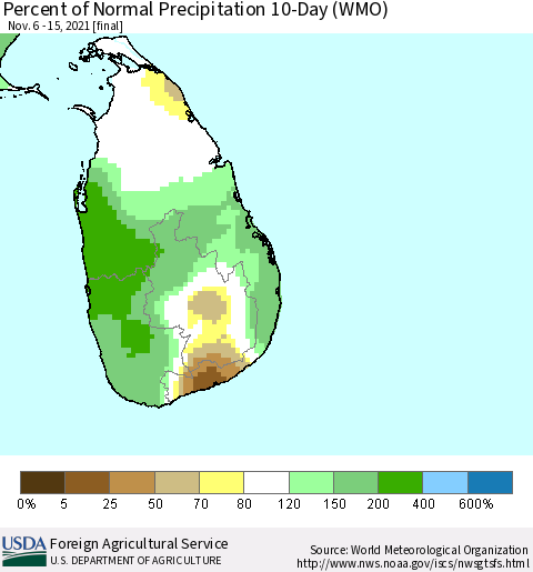 Sri Lanka Percent of Normal Precipitation 10-Day (WMO) Thematic Map For 11/6/2021 - 11/15/2021