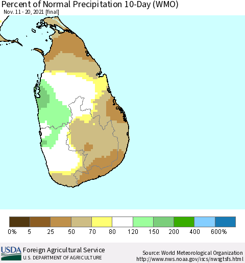 Sri Lanka Percent of Normal Precipitation 10-Day (WMO) Thematic Map For 11/11/2021 - 11/20/2021