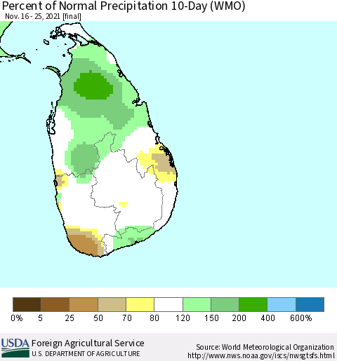 Sri Lanka Percent of Normal Precipitation 10-Day (WMO) Thematic Map For 11/16/2021 - 11/25/2021