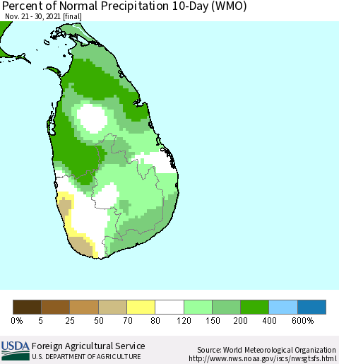 Sri Lanka Percent of Normal Precipitation 10-Day (WMO) Thematic Map For 11/21/2021 - 11/30/2021