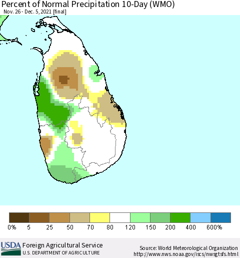 Sri Lanka Percent of Normal Precipitation 10-Day (WMO) Thematic Map For 11/26/2021 - 12/5/2021