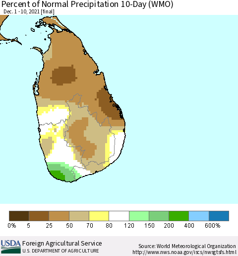 Sri Lanka Percent of Normal Precipitation 10-Day (WMO) Thematic Map For 12/1/2021 - 12/10/2021