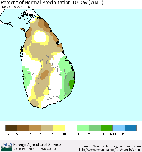 Sri Lanka Percent of Normal Precipitation 10-Day (WMO) Thematic Map For 12/6/2021 - 12/15/2021