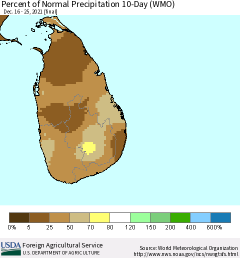 Sri Lanka Percent of Normal Precipitation 10-Day (WMO) Thematic Map For 12/16/2021 - 12/25/2021