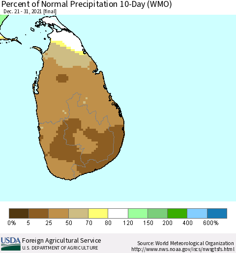 Sri Lanka Percent of Normal Precipitation 10-Day (WMO) Thematic Map For 12/21/2021 - 12/31/2021