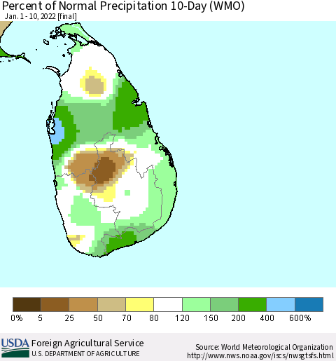 Sri Lanka Percent of Normal Precipitation 10-Day (WMO) Thematic Map For 1/1/2022 - 1/10/2022