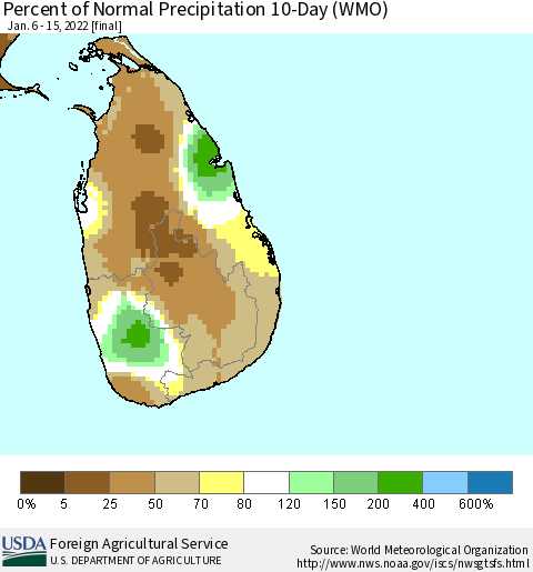 Sri Lanka Percent of Normal Precipitation 10-Day (WMO) Thematic Map For 1/6/2022 - 1/15/2022