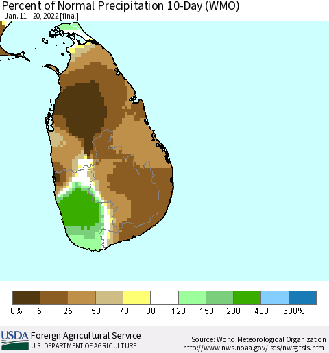 Sri Lanka Percent of Normal Precipitation 10-Day (WMO) Thematic Map For 1/11/2022 - 1/20/2022