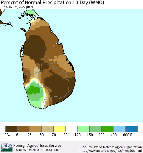 Sri Lanka Percent of Normal Precipitation 10-Day (WMO) Thematic Map For 1/16/2022 - 1/25/2022