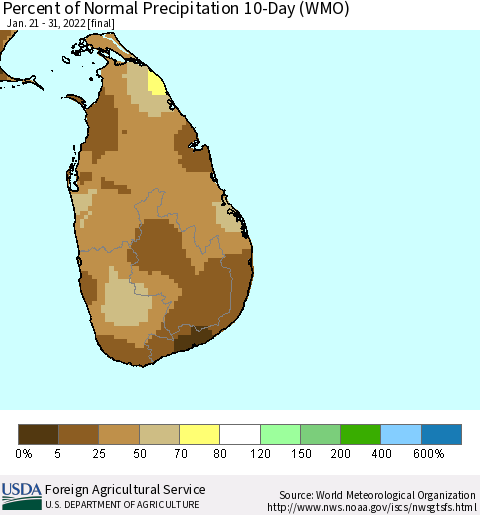 Sri Lanka Percent of Normal Precipitation 10-Day (WMO) Thematic Map For 1/21/2022 - 1/31/2022