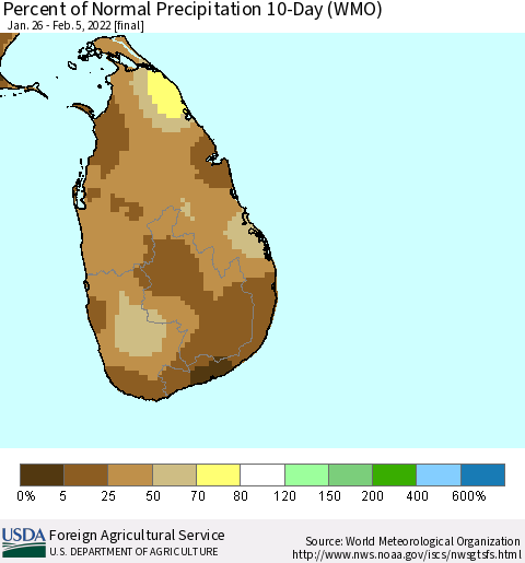 Sri Lanka Percent of Normal Precipitation 10-Day (WMO) Thematic Map For 1/26/2022 - 2/5/2022