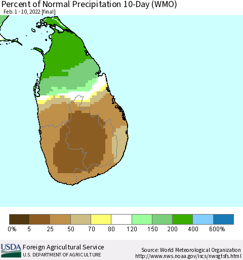 Sri Lanka Percent of Normal Precipitation 10-Day (WMO) Thematic Map For 2/1/2022 - 2/10/2022