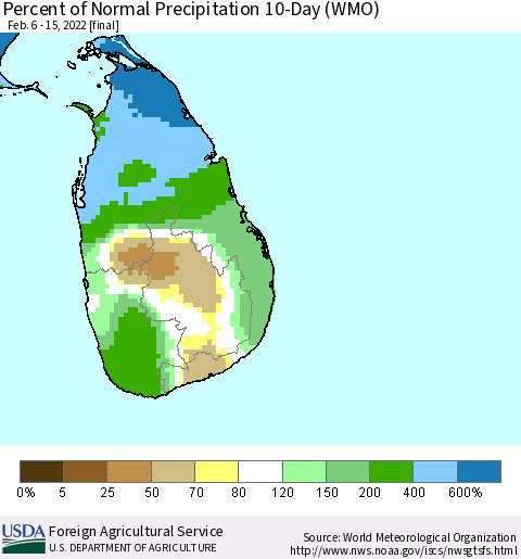 Sri Lanka Percent of Normal Precipitation 10-Day (WMO) Thematic Map For 2/6/2022 - 2/15/2022