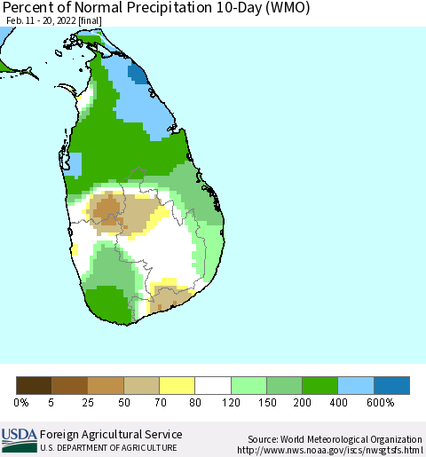 Sri Lanka Percent of Normal Precipitation 10-Day (WMO) Thematic Map For 2/11/2022 - 2/20/2022