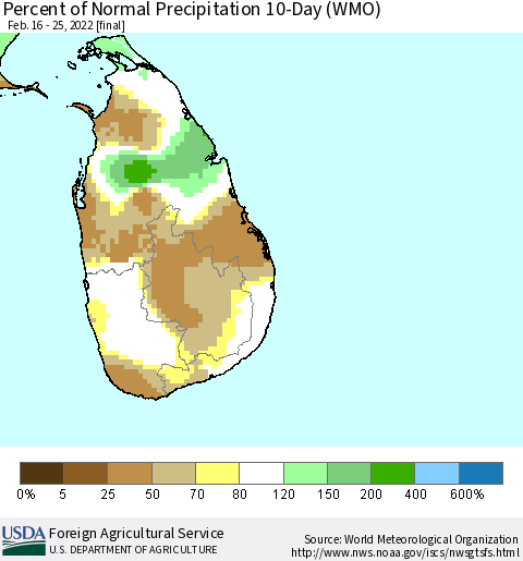 Sri Lanka Percent of Normal Precipitation 10-Day (WMO) Thematic Map For 2/16/2022 - 2/25/2022