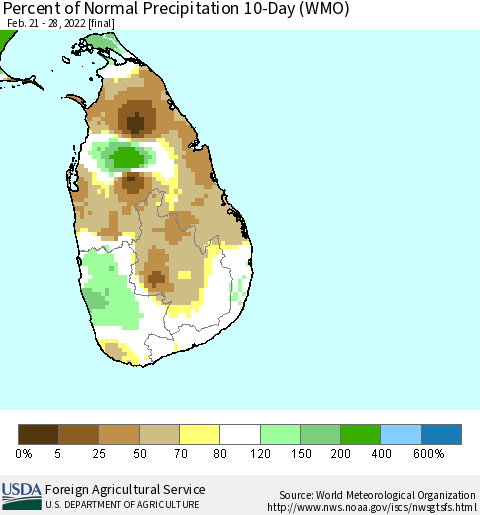 Sri Lanka Percent of Normal Precipitation 10-Day (WMO) Thematic Map For 2/21/2022 - 2/28/2022