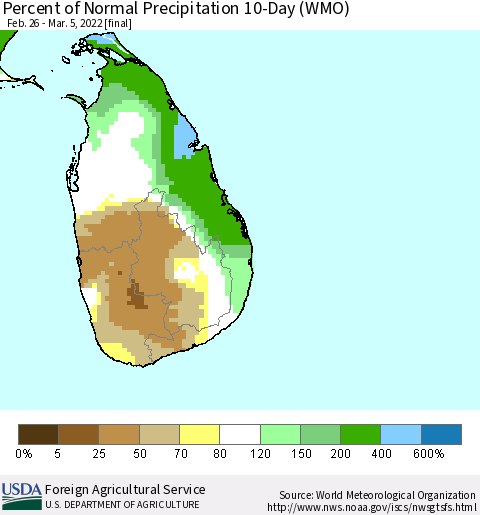 Sri Lanka Percent of Normal Precipitation 10-Day (WMO) Thematic Map For 2/26/2022 - 3/5/2022