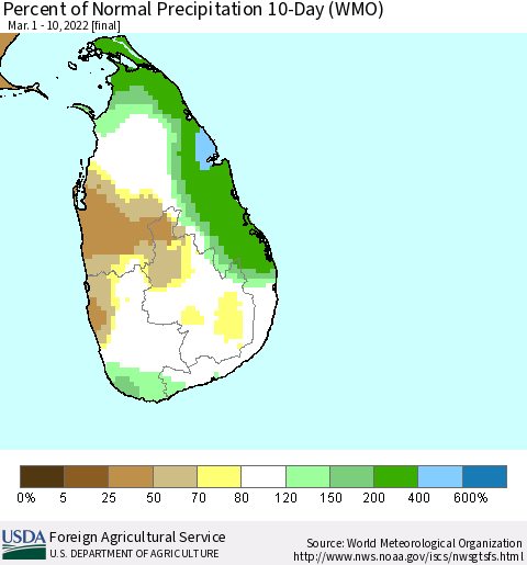 Sri Lanka Percent of Normal Precipitation 10-Day (WMO) Thematic Map For 3/1/2022 - 3/10/2022
