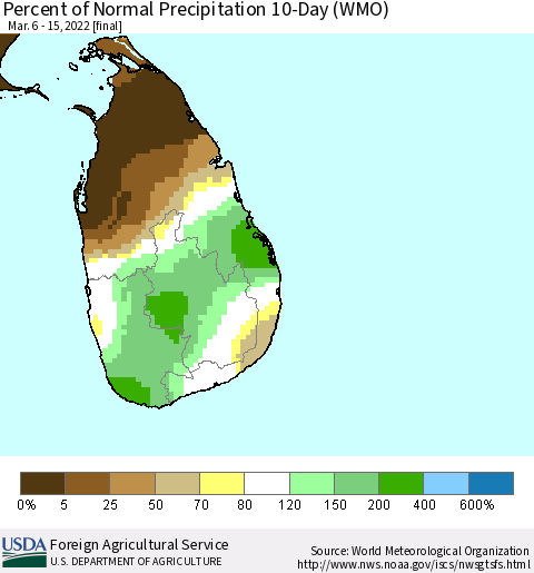 Sri Lanka Percent of Normal Precipitation 10-Day (WMO) Thematic Map For 3/6/2022 - 3/15/2022