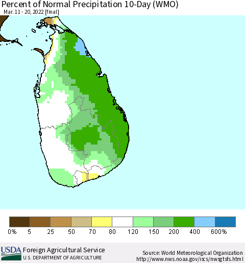 Sri Lanka Percent of Normal Precipitation 10-Day (WMO) Thematic Map For 3/11/2022 - 3/20/2022