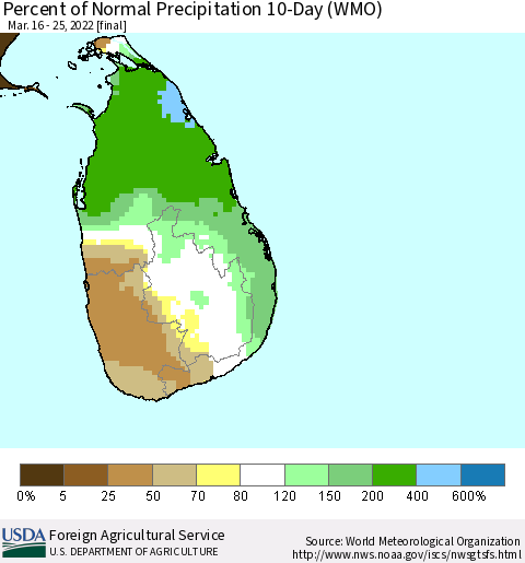 Sri Lanka Percent of Normal Precipitation 10-Day (WMO) Thematic Map For 3/16/2022 - 3/25/2022