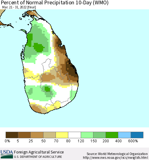 Sri Lanka Percent of Normal Precipitation 10-Day (WMO) Thematic Map For 3/21/2022 - 3/31/2022