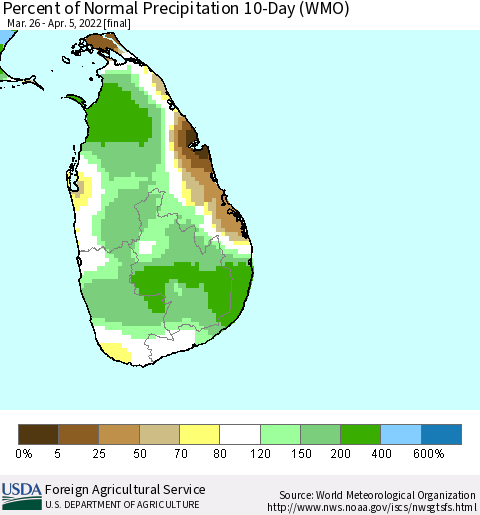 Sri Lanka Percent of Normal Precipitation 10-Day (WMO) Thematic Map For 3/26/2022 - 4/5/2022