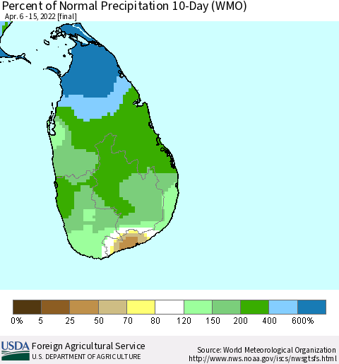 Sri Lanka Percent of Normal Precipitation 10-Day (WMO) Thematic Map For 4/6/2022 - 4/15/2022