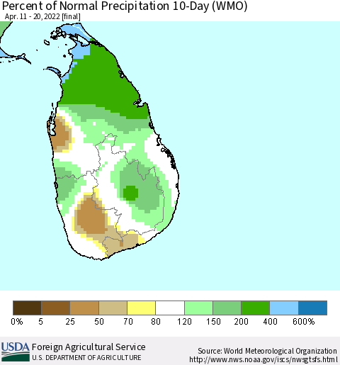 Sri Lanka Percent of Normal Precipitation 10-Day (WMO) Thematic Map For 4/11/2022 - 4/20/2022