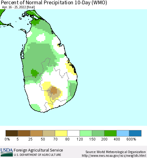 Sri Lanka Percent of Normal Precipitation 10-Day (WMO) Thematic Map For 4/16/2022 - 4/25/2022