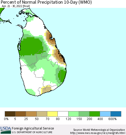 Sri Lanka Percent of Normal Precipitation 10-Day (WMO) Thematic Map For 4/21/2022 - 4/30/2022