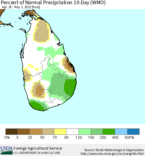 Sri Lanka Percent of Normal Precipitation 10-Day (WMO) Thematic Map For 4/26/2022 - 5/5/2022