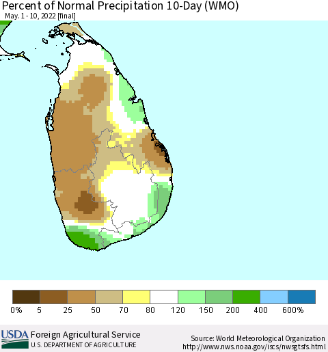 Sri Lanka Percent of Normal Precipitation 10-Day (WMO) Thematic Map For 5/1/2022 - 5/10/2022