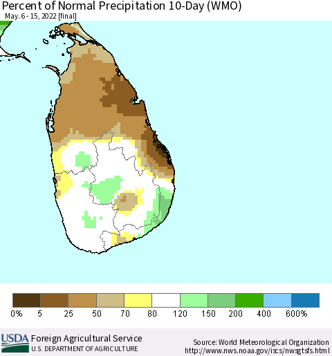 Sri Lanka Percent of Normal Precipitation 10-Day (WMO) Thematic Map For 5/6/2022 - 5/15/2022