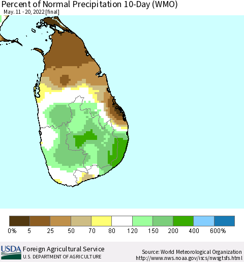 Sri Lanka Percent of Normal Precipitation 10-Day (WMO) Thematic Map For 5/11/2022 - 5/20/2022