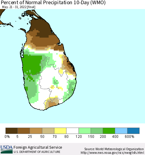 Sri Lanka Percent of Normal Precipitation 10-Day (WMO) Thematic Map For 5/21/2022 - 5/31/2022