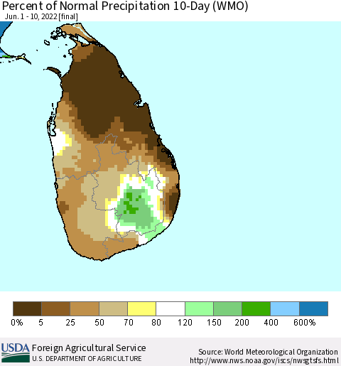 Sri Lanka Percent of Normal Precipitation 10-Day (WMO) Thematic Map For 6/1/2022 - 6/10/2022