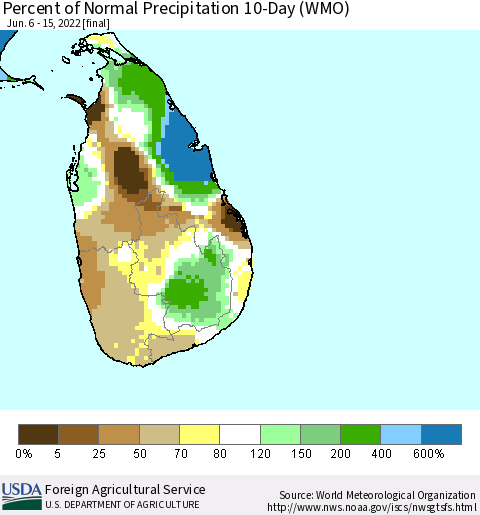 Sri Lanka Percent of Normal Precipitation 10-Day (WMO) Thematic Map For 6/6/2022 - 6/15/2022