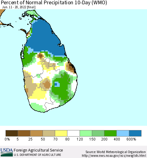 Sri Lanka Percent of Normal Precipitation 10-Day (WMO) Thematic Map For 6/11/2022 - 6/20/2022