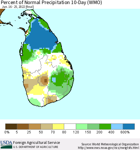 Sri Lanka Percent of Normal Precipitation 10-Day (WMO) Thematic Map For 6/16/2022 - 6/25/2022