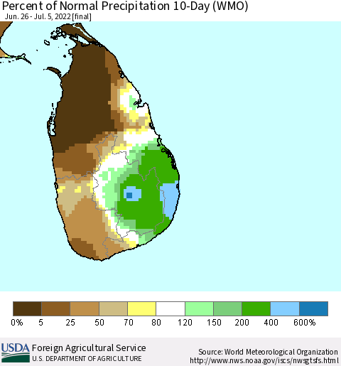 Sri Lanka Percent of Normal Precipitation 10-Day (WMO) Thematic Map For 6/26/2022 - 7/5/2022