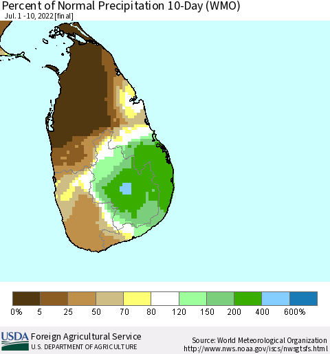 Sri Lanka Percent of Normal Precipitation 10-Day (WMO) Thematic Map For 7/1/2022 - 7/10/2022