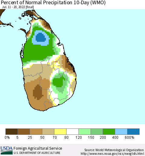 Sri Lanka Percent of Normal Precipitation 10-Day (WMO) Thematic Map For 7/11/2022 - 7/20/2022