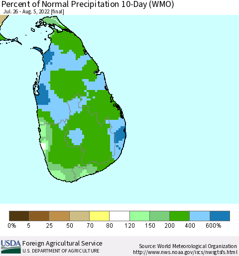 Sri Lanka Percent of Normal Precipitation 10-Day (WMO) Thematic Map For 7/26/2022 - 8/5/2022