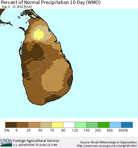 Sri Lanka Percent of Normal Precipitation 10-Day (WMO) Thematic Map For 8/6/2022 - 8/15/2022