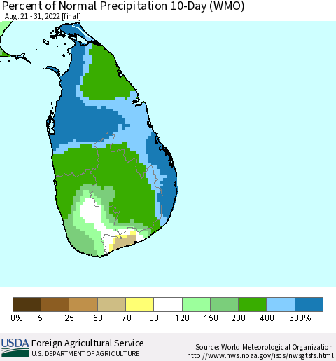 Sri Lanka Percent of Normal Precipitation 10-Day (WMO) Thematic Map For 8/21/2022 - 8/31/2022